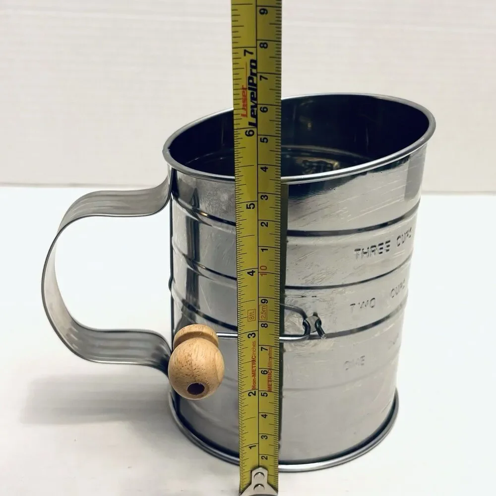 Vintage 3 Cup Hand Crank Flour Sifter Metal Wooden Knob Farmhouse Unbranded